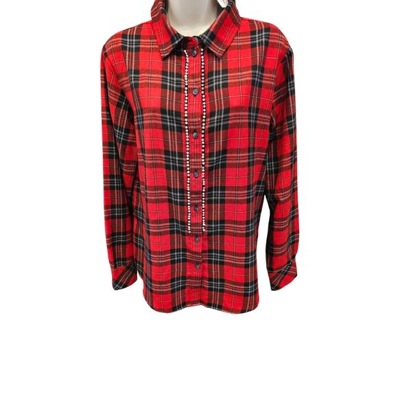NWT Sanctuary Rockstar Rhinestone Stud Boyfriend Red XS bling plaid button up - Picture 1 of 9
